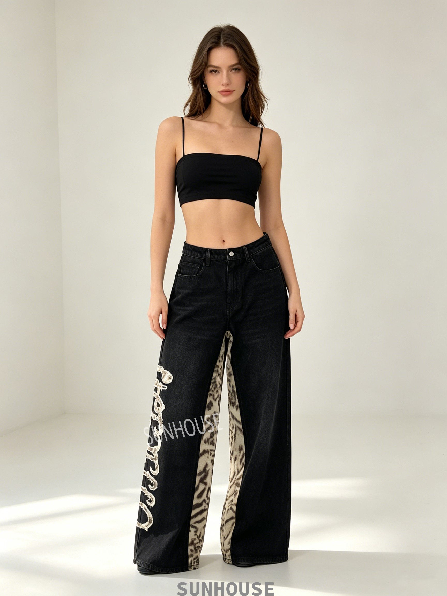 tiger print spliced straight leg pants