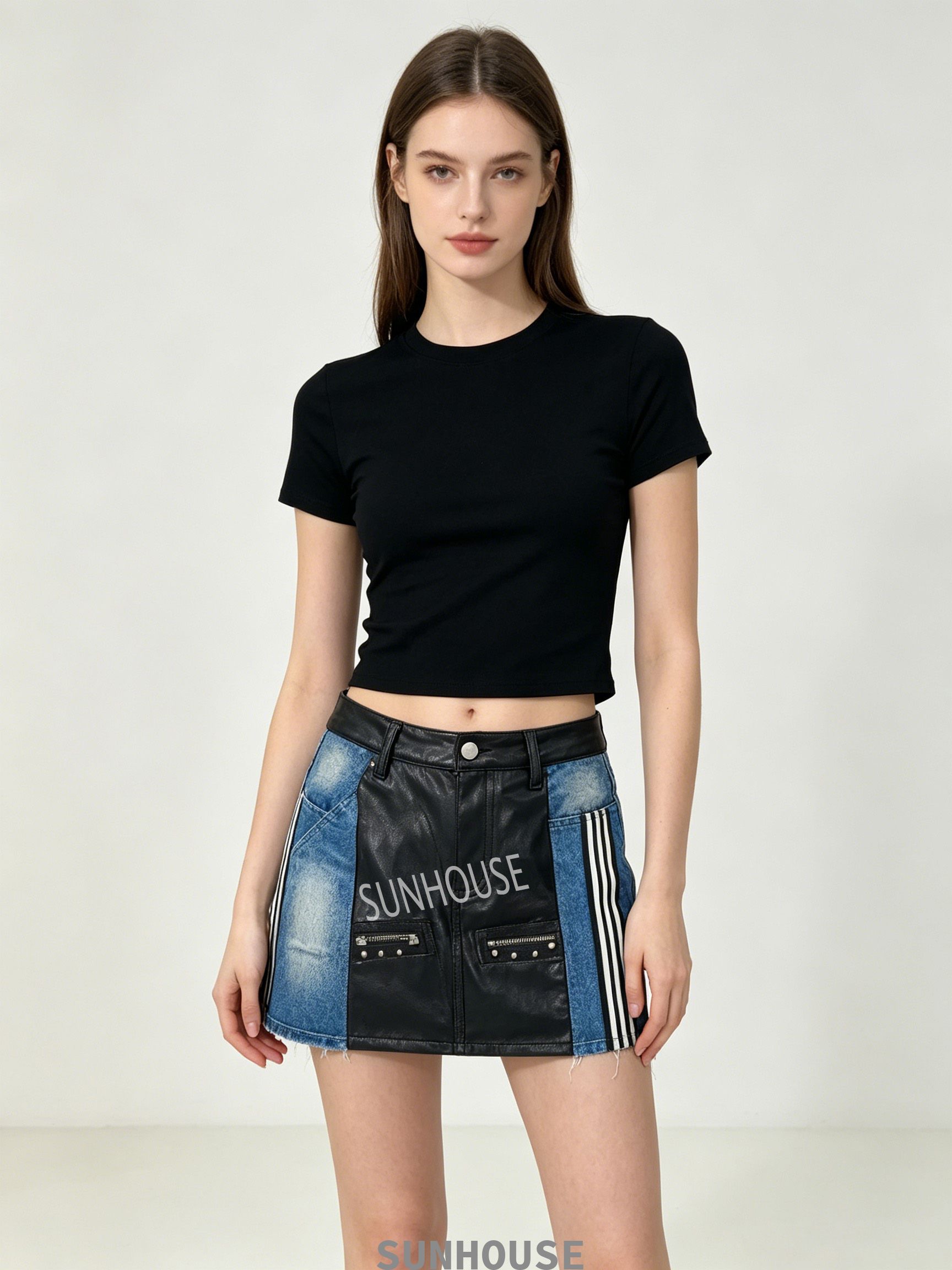 denim spliced leather mini skirt