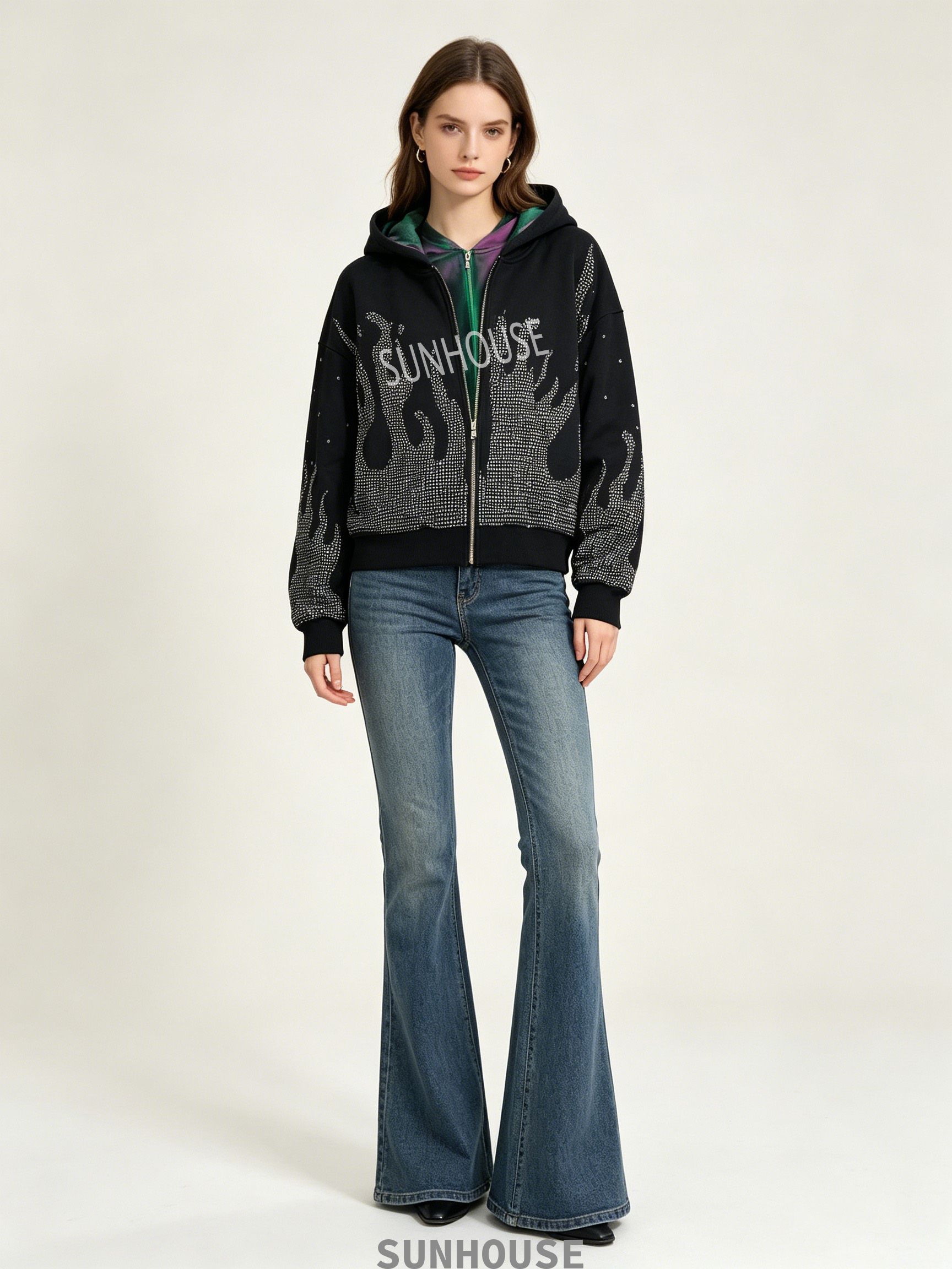 faux two-piece rhinestone hoodie