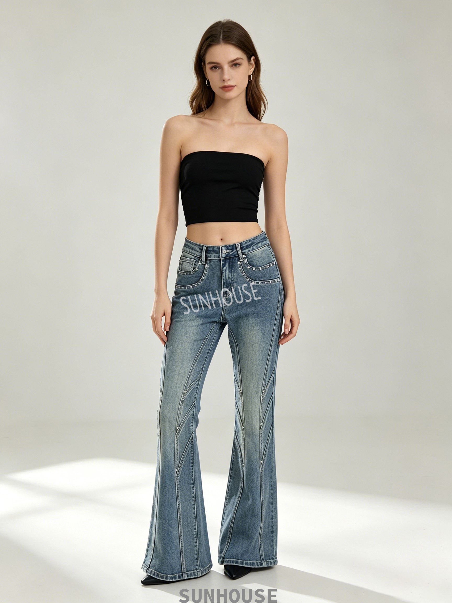 blue washed denim with stitching seams and rivets