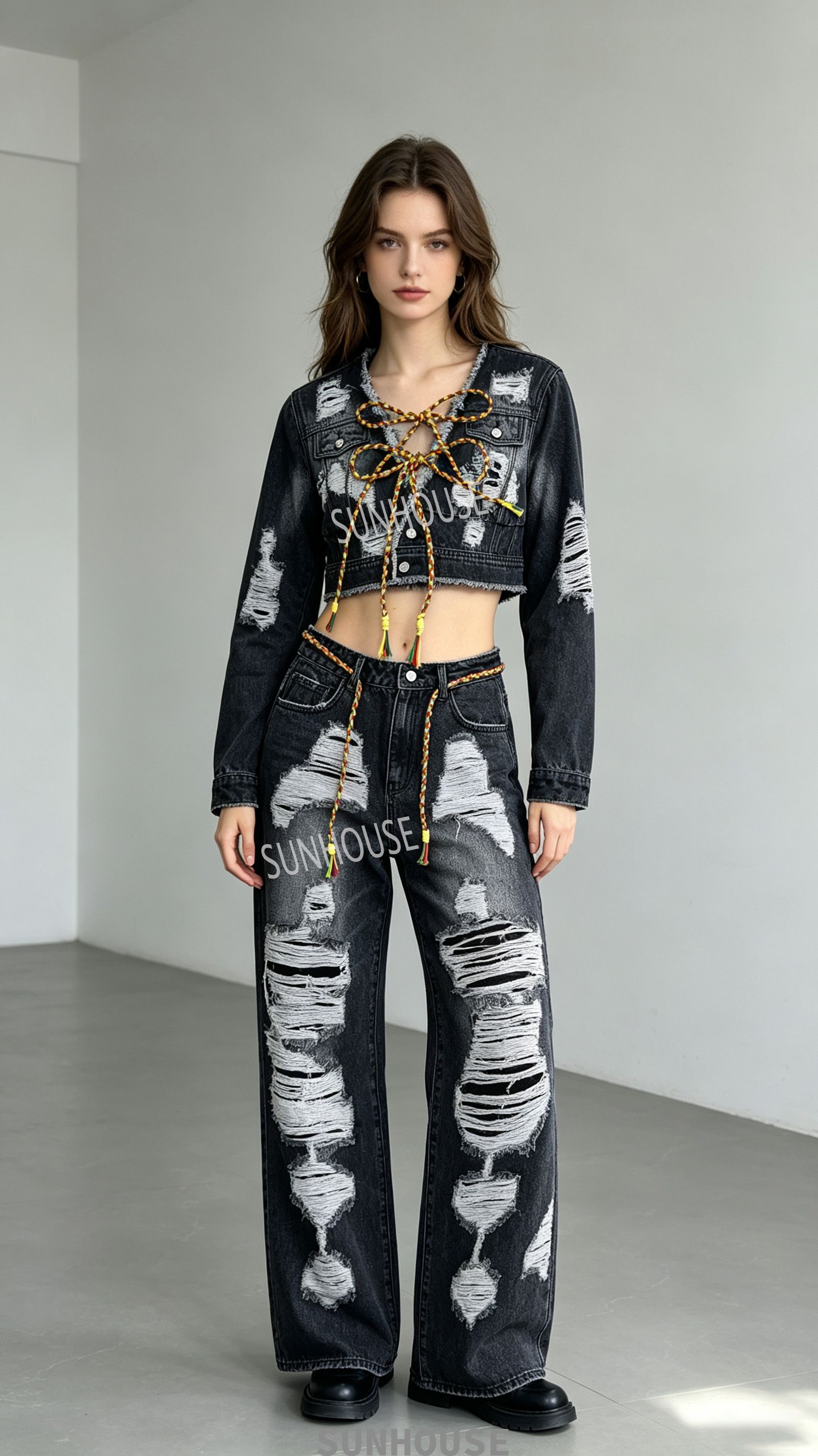 black denim set with colorful webbing straps