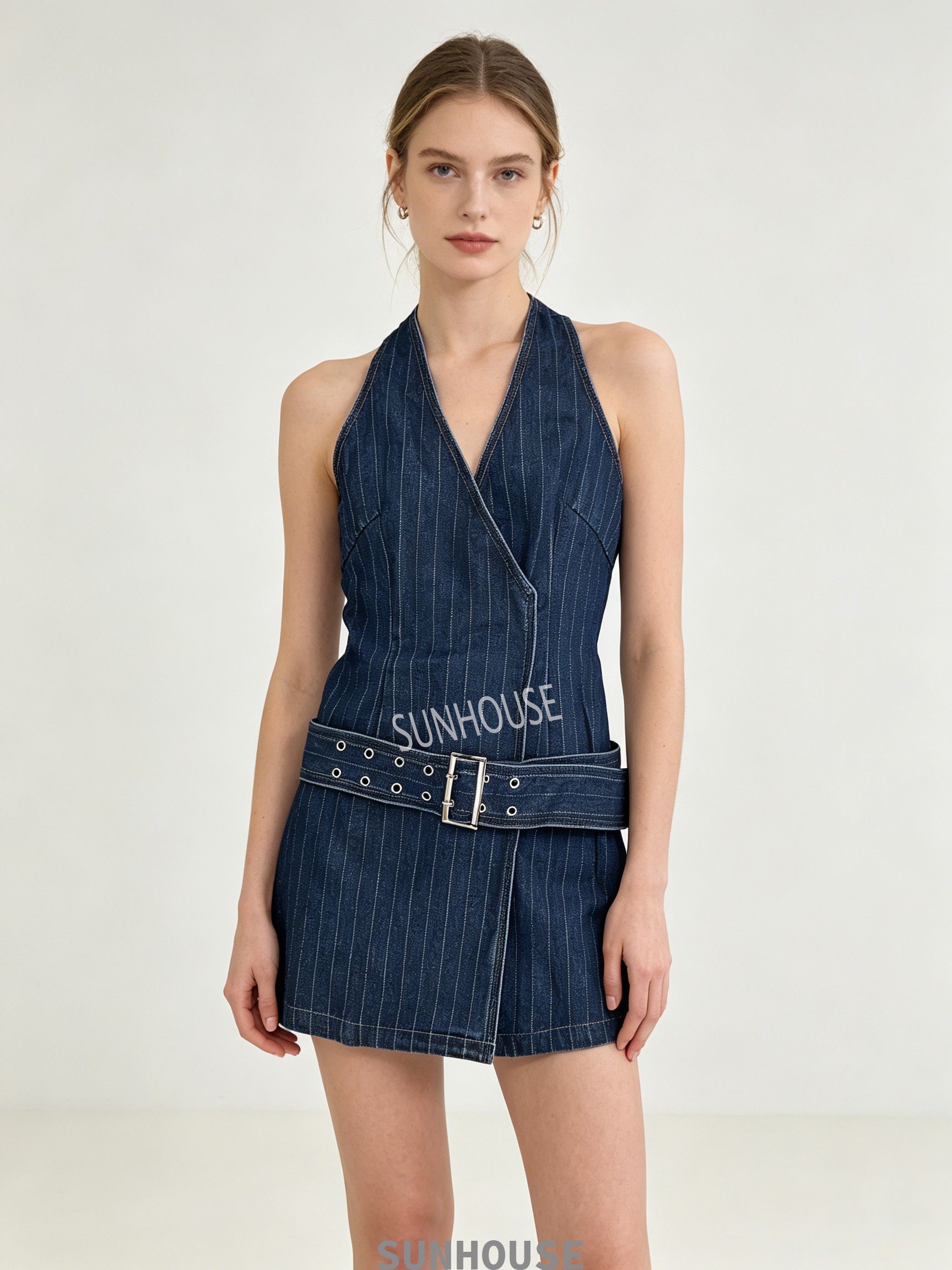 striped sleek denim skirt