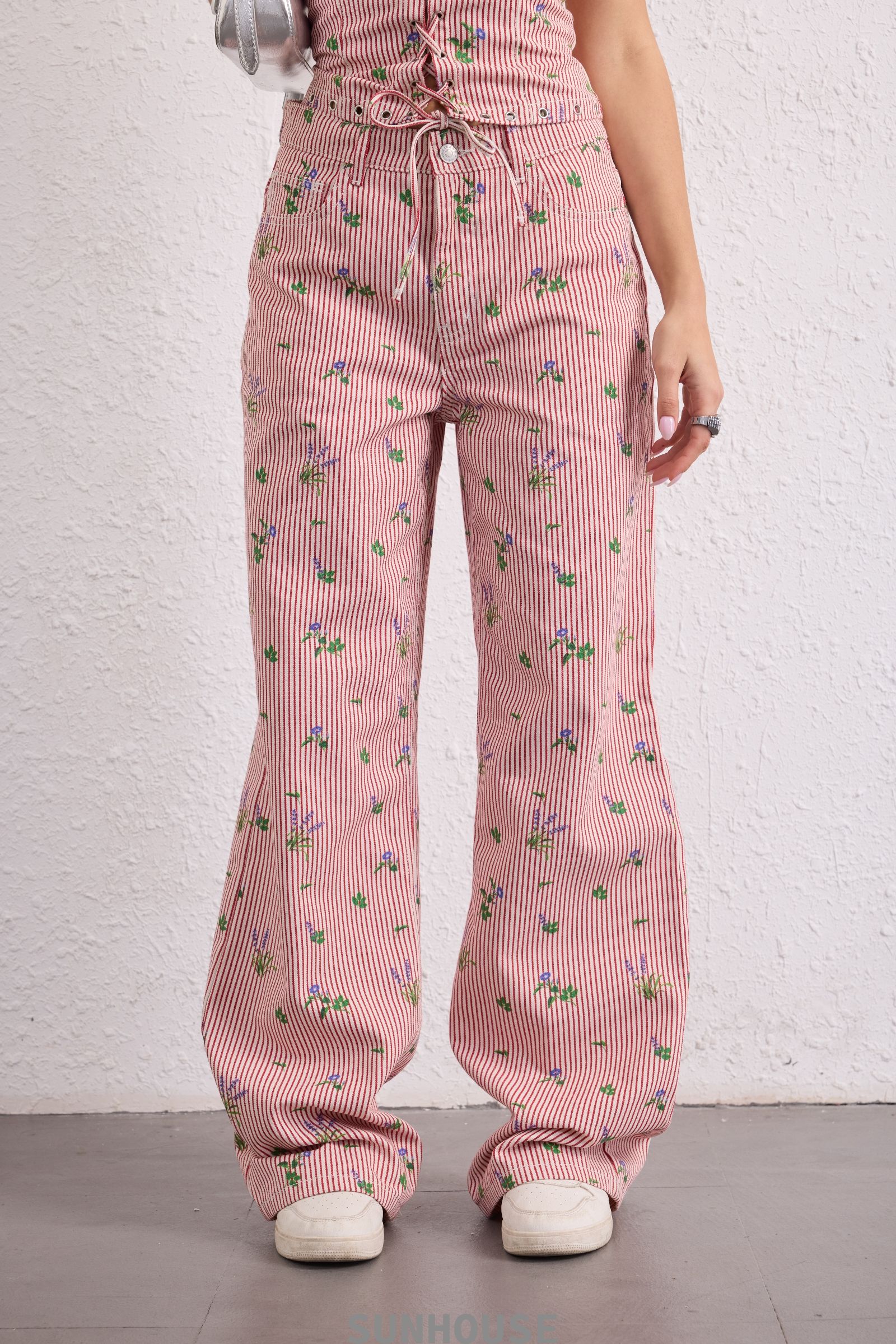  Red Stripe Floral Trousers