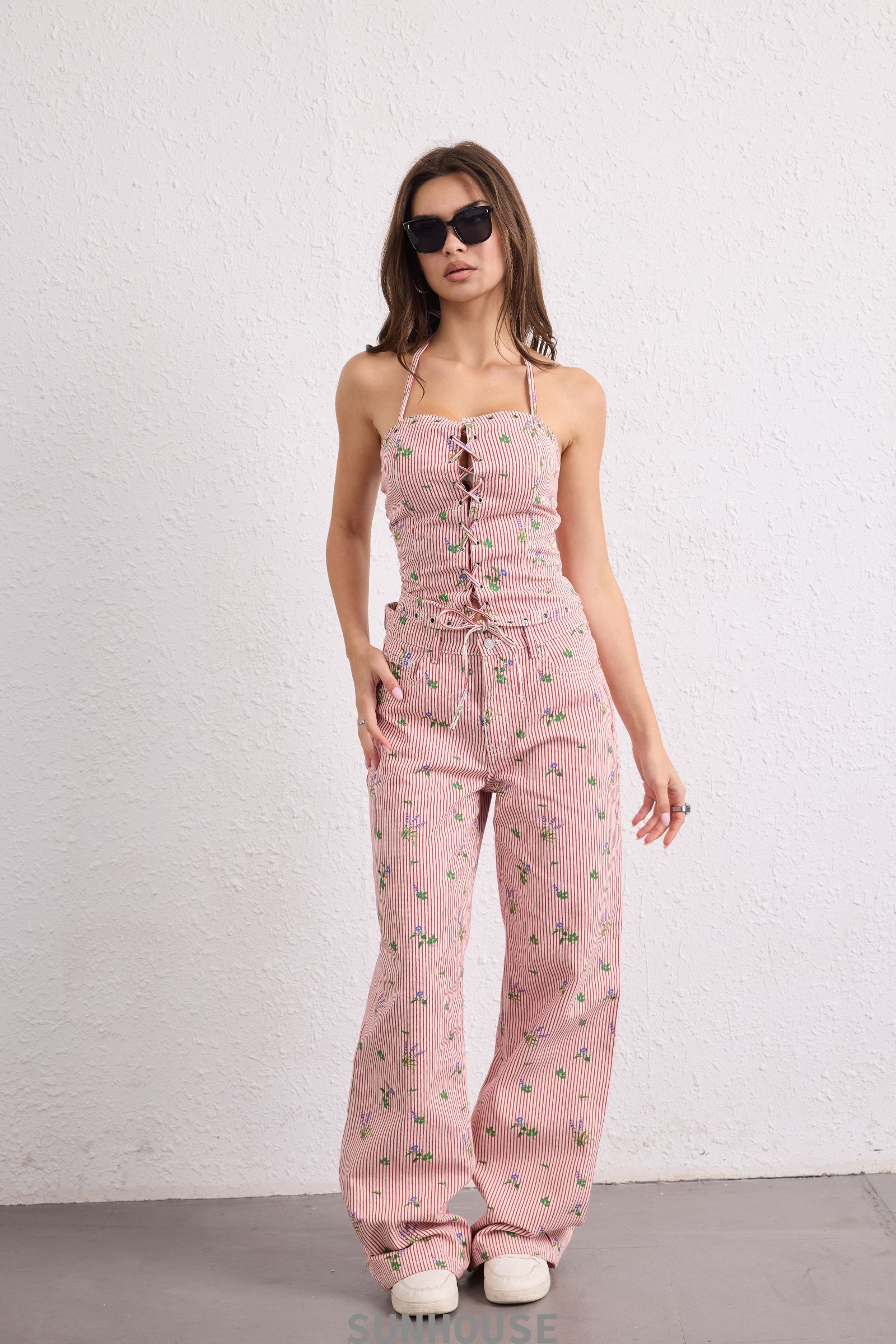  Red Stripe Floral Set