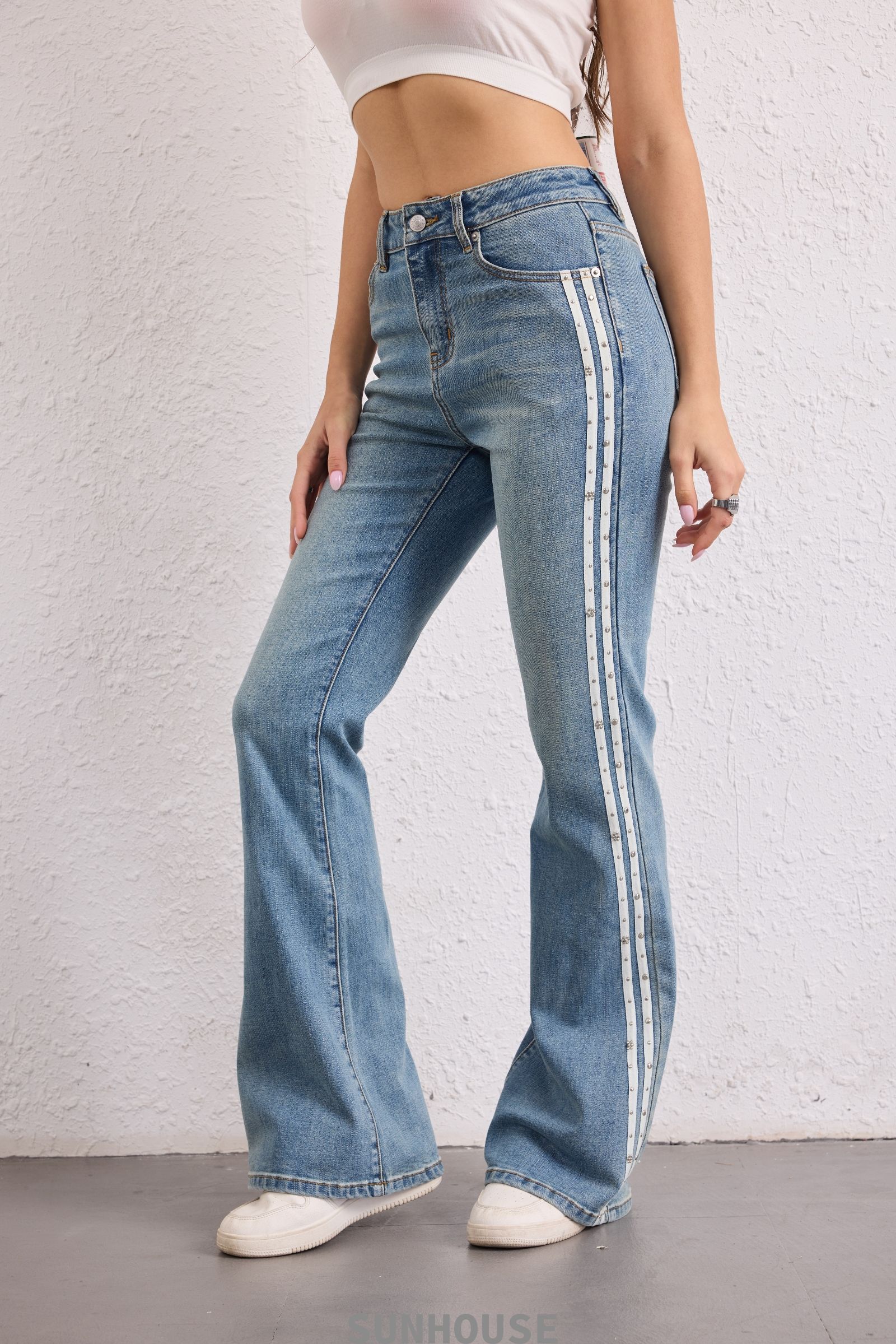 Side Tape Hotfix Rhinestone Flare Trousers