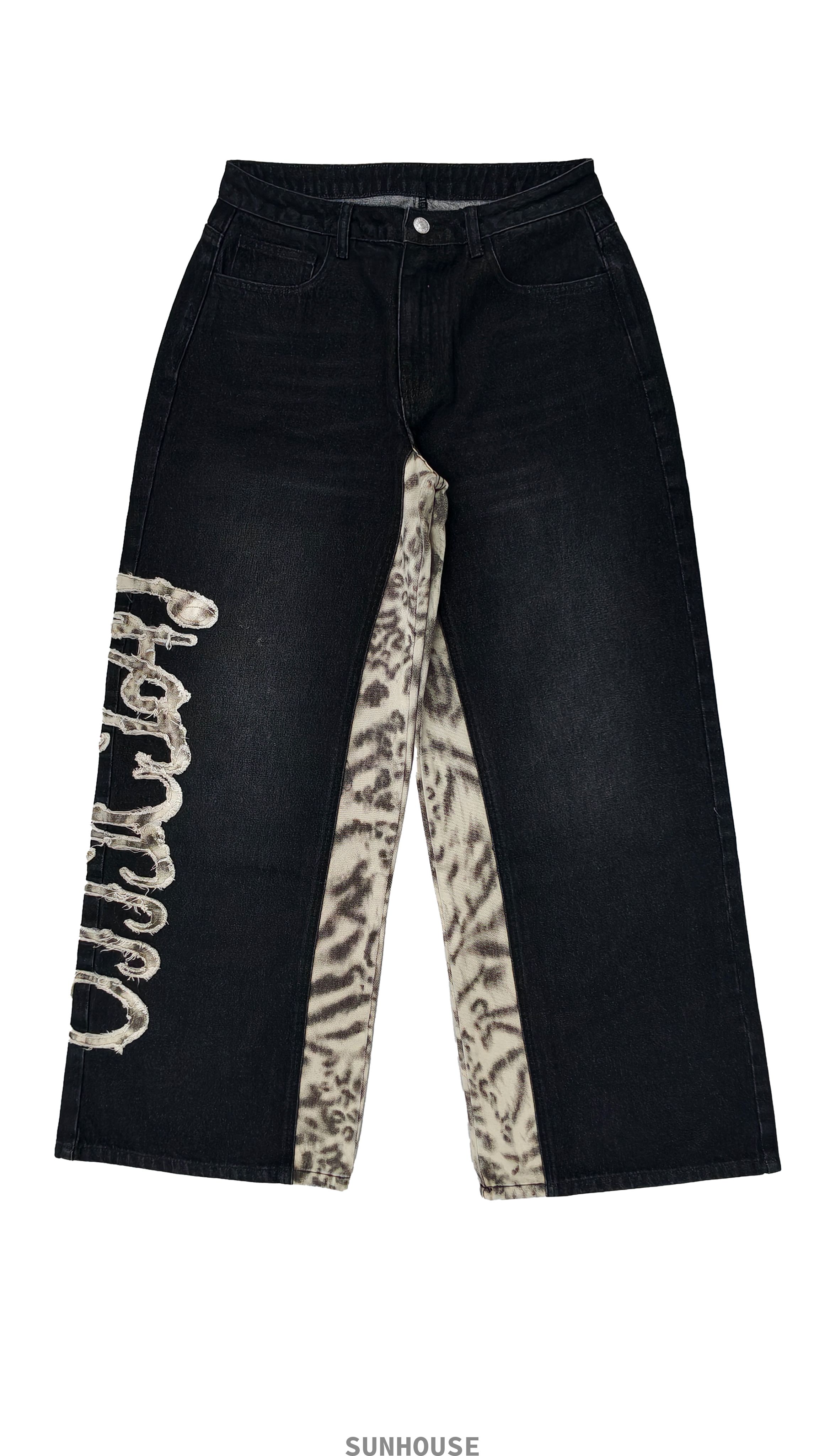 tiger print spliced straight leg pants