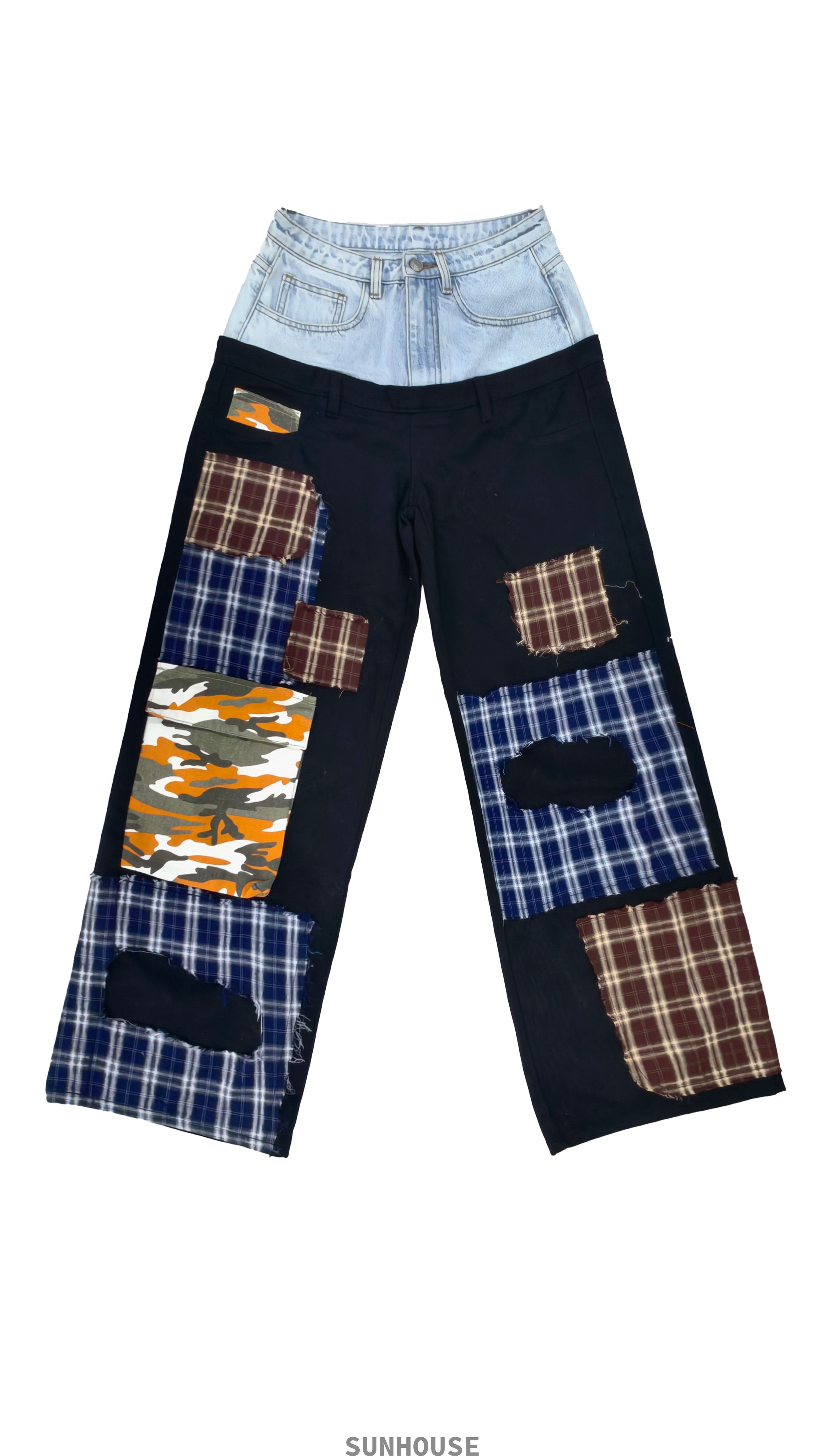 dual waist plaid spliced straight-leg jeans