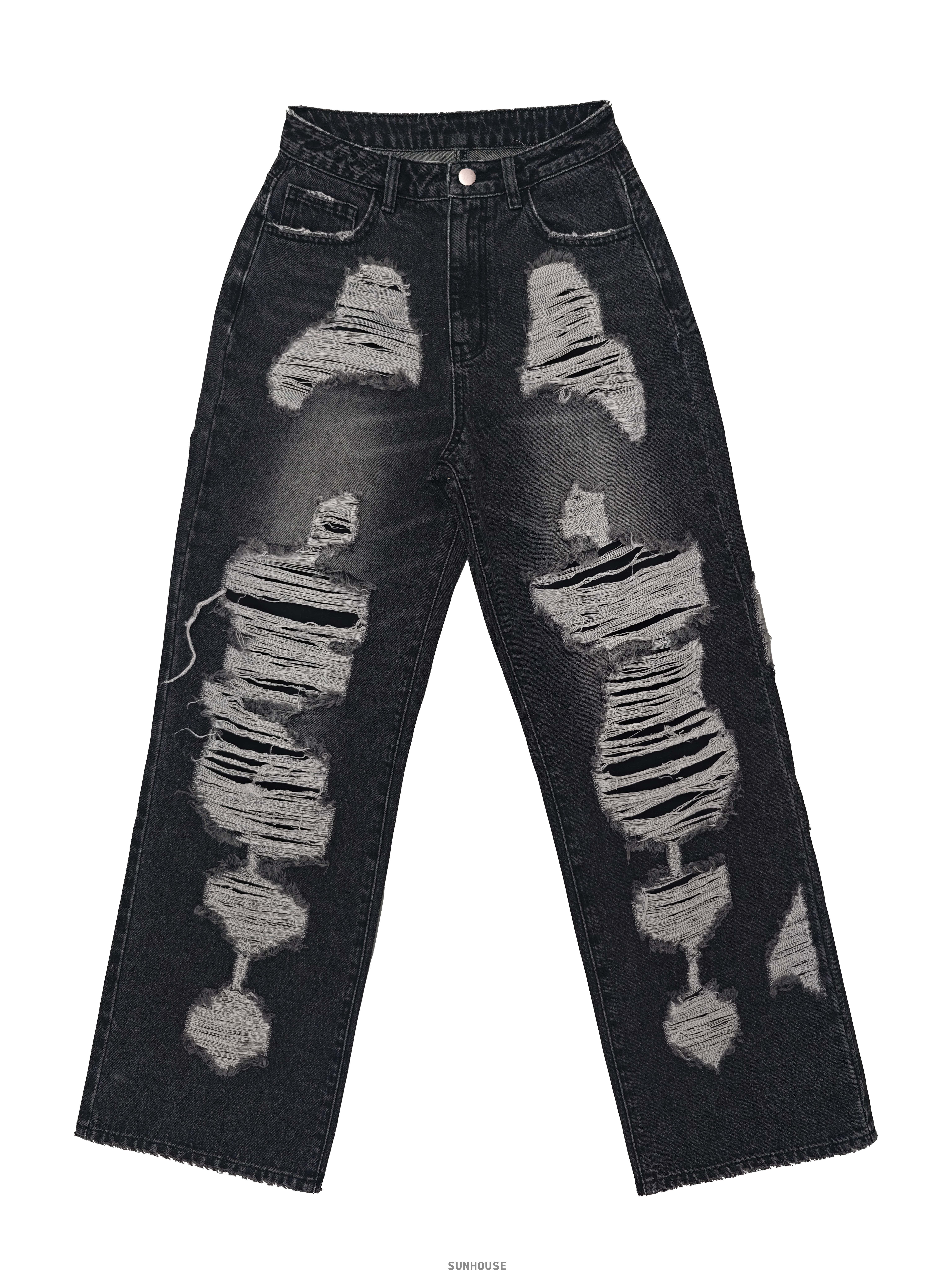 black denim set with colorful webbing straps